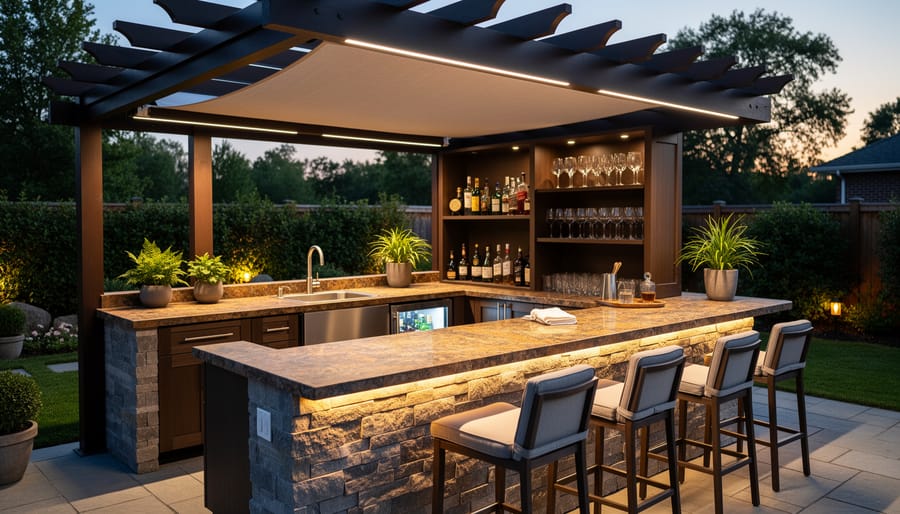 Outdoor bar setup with wooden counter and sheltered canopy for backyard casino party