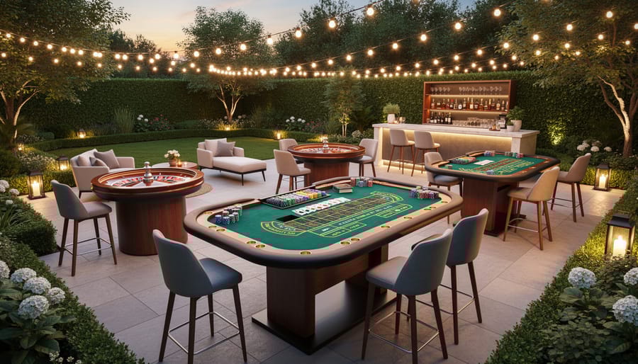 Evening backyard casino party setup with poker table and ambient string lighting
