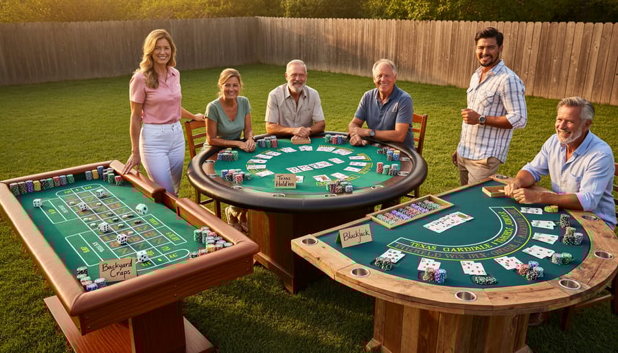 Overhead view of casino gaming table with dice, cards, and colorful poker chips