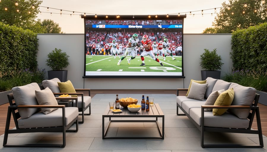 Backyard sports viewing area with projection screen and comfortable seating arrangement