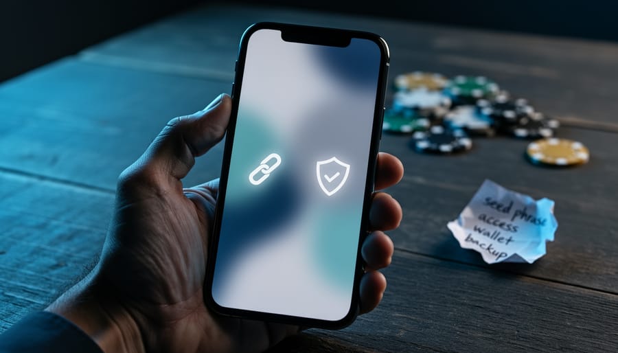 A person holding a smartphone crypto wallet concept above a dark table, with glowing chain and shield-like cues suggesting blockchain evidence versus gambling risk.