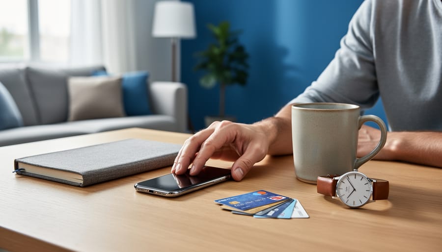 “Person at a home desk keeping a smartphone face-down near a closed notebook and watch, suggesting mindful limits for responsible online casino play.”