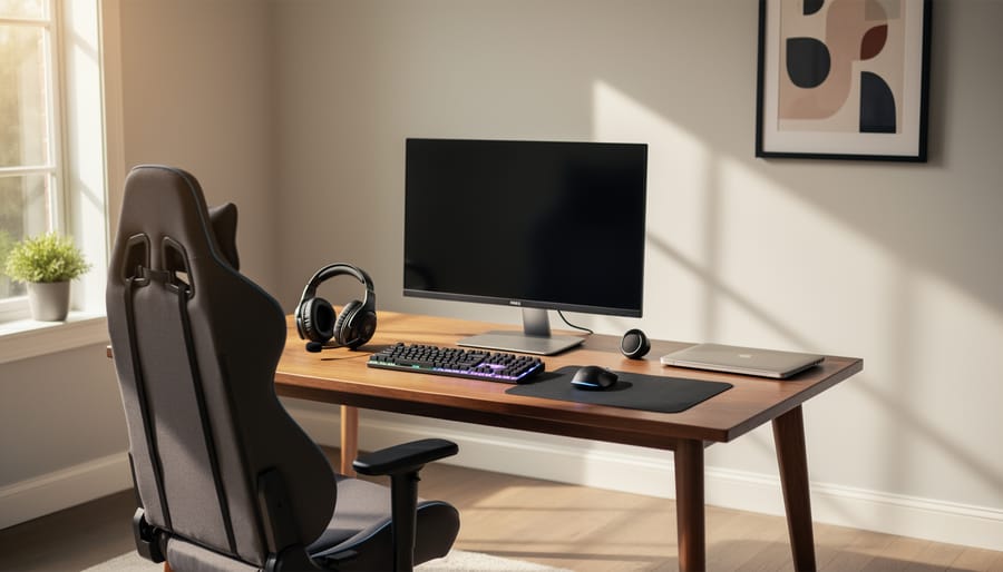 Laptop on a desk beside a locked drawer in a bright home study workspace